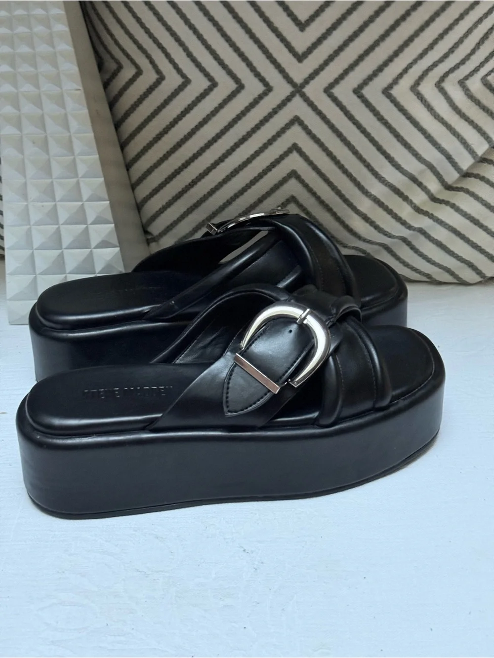 Steve Madden Black Crisscross Platform Slide Sandals with Silver Buckles